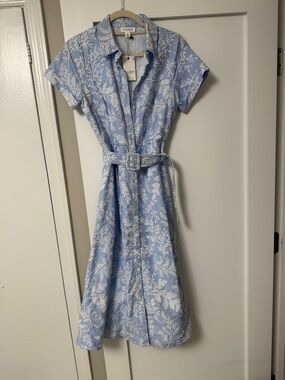 Blue & White Floral Midi Shirt Dress with Waist Tie